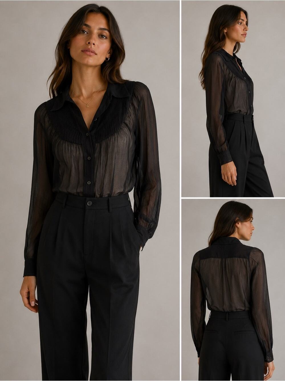Vintage Prada Sheer Black Pintuck Yoke Button-Down Blouse IT 40